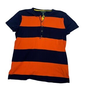 Y2K Ralph Lauren Jeans Co Women L Striped Henley T-Shirt Orange Navy Colorblock‎